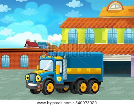 Cartoon Scene With Car Vehicle On The Road Near The Garage Or Repair Station - Illustration For Chil