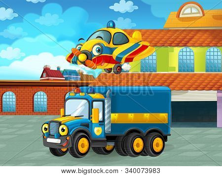 Cartoon Scene With Car Vehicle On The Road Near The Garage Or Repair Station And Plane - Illustratio