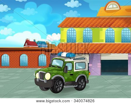 Cartoon Scene With Plane Vehicle On The Road Near The Garage Or Repair Station - Illustration For Ch
