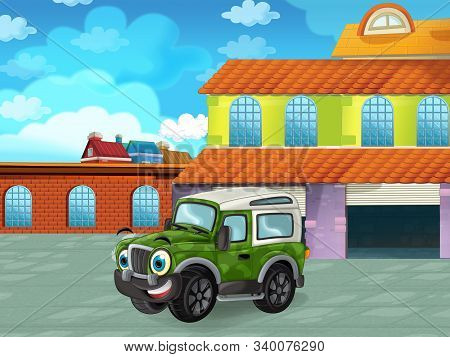 Cartoon Scene With Car Vehicle On The Road Near The Garage Or Repair Station - Illustration For Chil