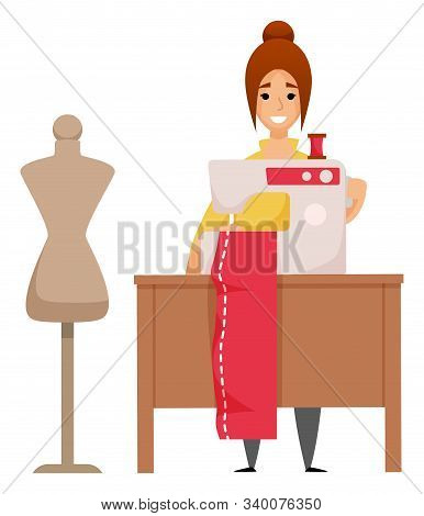 Woman Sewing Cloth On Sewing-machine, Portrait View Of Designer Manufacturing Clothes, Mannequin Sym