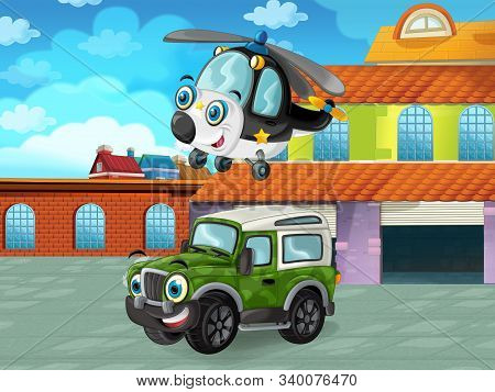 Cartoon Scene With Car Vehicle On The Road Near The Garage Or Repair Station - Illustration For Chil