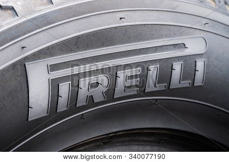Krasnoyarsk 15 December 2019: Pirelli - Logo Close-up On The Sidewall Of The Tire