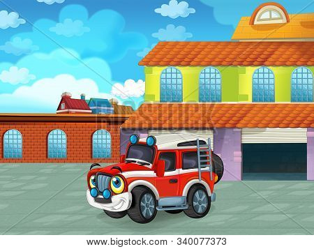 Cartoon Scene With Car Vehicle On The Road Near The Garage Or Repair Station - Illustration For Chil
