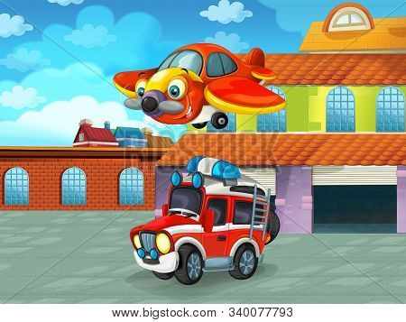 Cartoon Scene With Car Vehicle On The Road Near The Garage Or Repair Station - Illustration For Chil