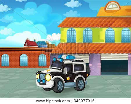 Cartoon Scene With Car Vehicle On The Road Near The Garage Or Repair Station - Illustration For Chil