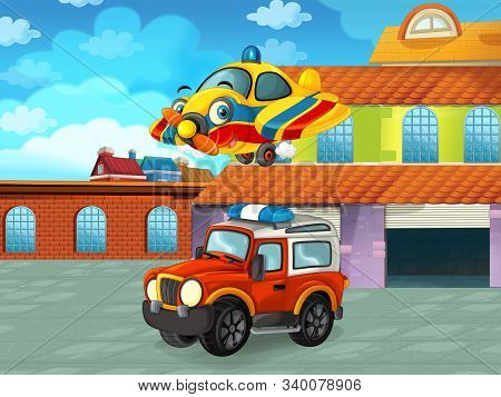 Cartoon Scene With Car Vehicle On The Road Near The Garage Or Repair Station - Illustration For Chil