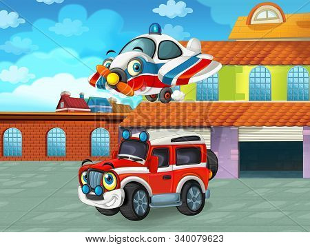 Cartoon Scene With Car Vehicle On The Road Near The Garage Or Repair Station - Illustration For Chil
