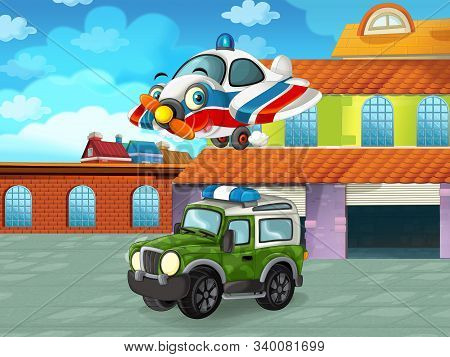 Cartoon Scene With Car Vehicle On The Road Near The Garage Or Repair Station - Illustration For Chil