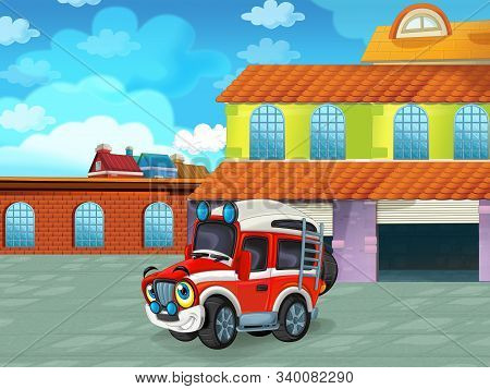 Cartoon Scene With Car Vehicle On The Road Near The Garage Or Repair Station - Illustration For Chil