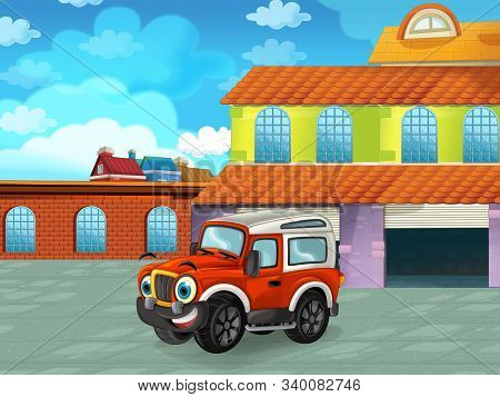 Cartoon Scene With Car Vehicle On The Road Near The Garage Or Repair Station - Illustration For Chil