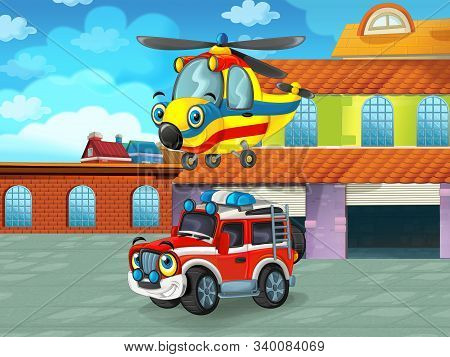 Cartoon Scene With Car Vehicle On The Road Near The Garage Or Repair Station - Illustration For Chil