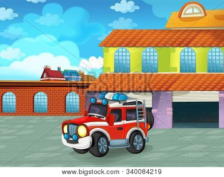 Cartoon Scene With Car Vehicle On The Road Near The Garage Or Repair Station - Illustration For Chil