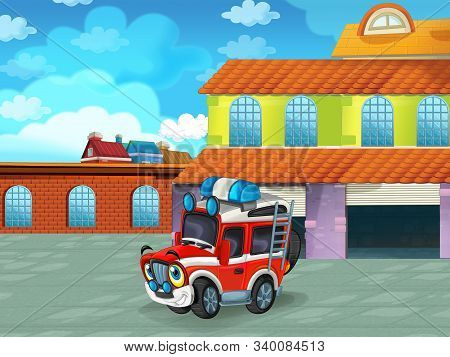 Cartoon Scene With Car Vehicle On The Road Near The Garage Or Repair Station - Illustration For Chil