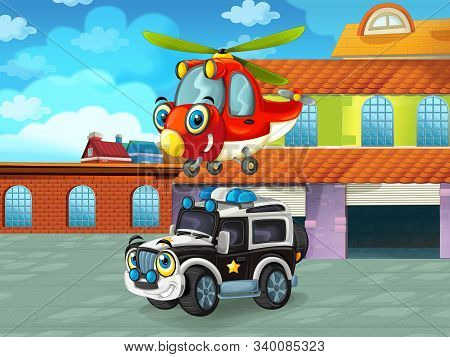 Cartoon Scene With Car Vehicle On The Road Near The Garage Or Repair Station - Illustration For Chil