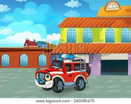 Cartoon Scene With Car Vehicle On The Road Near The Garage Or Repair Station - Illustration For Chil