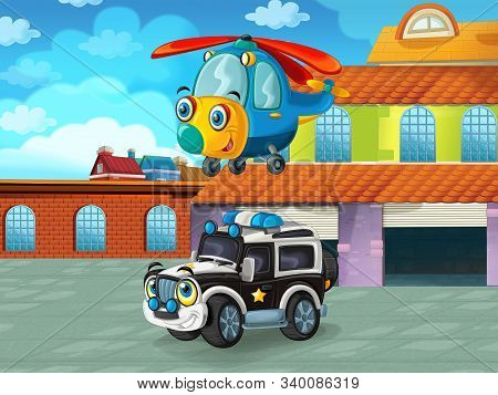 Cartoon Scene With Car Vehicle On The Road Near The Garage Or Repair Station - Illustration For Chil