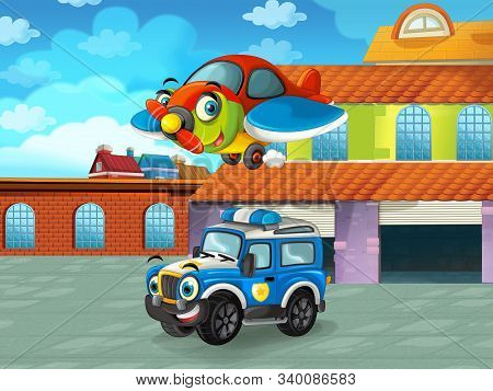 Cartoon Scene With Car Vehicle On The Road Near The Garage Or Repair Station - Illustration For Chil