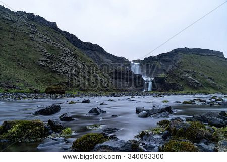 Two-tiered Waterfall Ofaerufoss In The Eldgja Canyon, In The Central Iceland