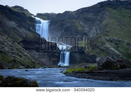 Two-tiered Waterfall Ofaerufoss In The Eldgja Canyon, In The Central Iceland