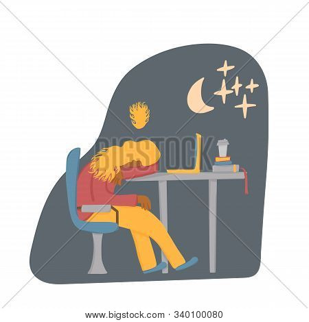 Overtime Concept. Tired Woman Sitting At The Table And Sleeping. Exhausted Freelancer. Vector Flat I