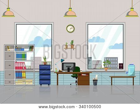 Office Workplace With Table, Bookcase, Windows With House Plant. Modern Computer, Table Shelves, Lam