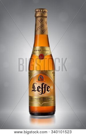 UKRAINE, KYIV - APRIL 6, 2013. Leffe beer Blond bottle is a premium beer brand owned by InBev Belgium marketed as Abbey beer.