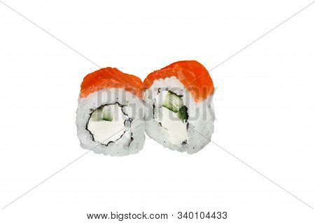 A Piece Of Sushi Rall Isolated On White Background. Japanese Cuisine.