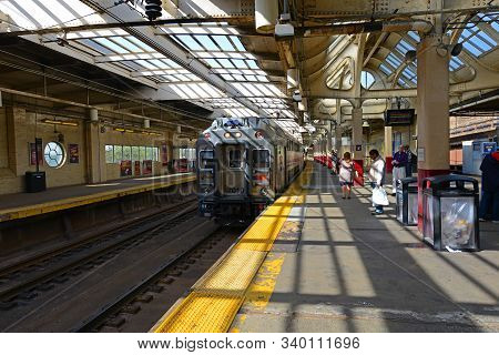 Newark, Nj, Usa - May 7, 2013: Nj Transit Locomotive Bombardier Multilevel Coach At Newark Penn Stat