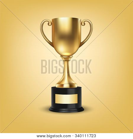 Vector 3d Blank Golden Champion Winner Cup Icon Closeup Closeup On Yellow Background. Design Templat