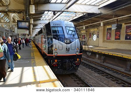 Newark, Nj, Usa - May 7, 2013: Nj Transit Locomotive Alstom Pl42ac At Newark Penn Station, New Jerse