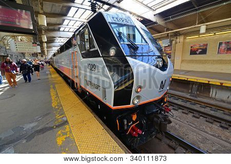 Newark, Nj, Usa - May 7, 2013: Nj Transit Locomotive Alstom Pl42ac At Newark Penn Station, New Jerse