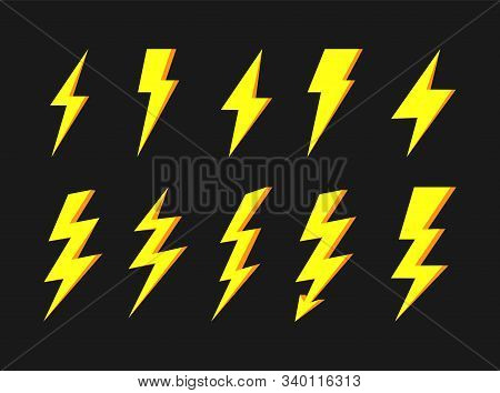 Thunder And Bolt Lighting Elements. Flash Icons Set. Elestric Blitz. Vector Thunderbolt On White Bac