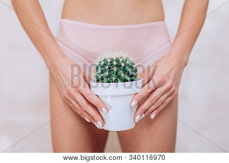 Depilation In The Bikini Zone Concept. A Woman Holding A Cactus In Her Hand Staying In Light Pink Pa
