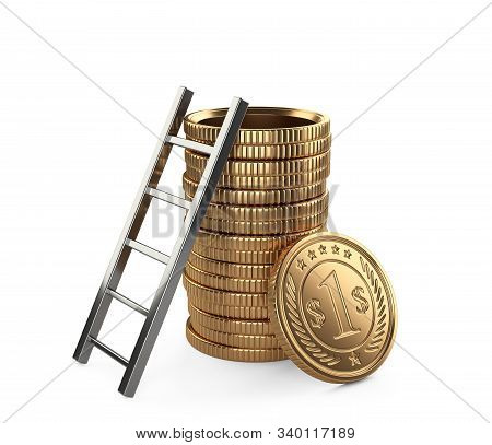 A Stack Of Golden Coins With Hole, And Staircase Inside. Mortgages, Life On Credit. Debentures. 3d I