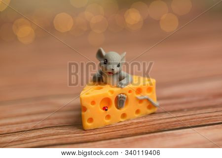 A Toy Mouse Sits In Cheese On A Wooden Starry Background, A Symbol Of 2020.