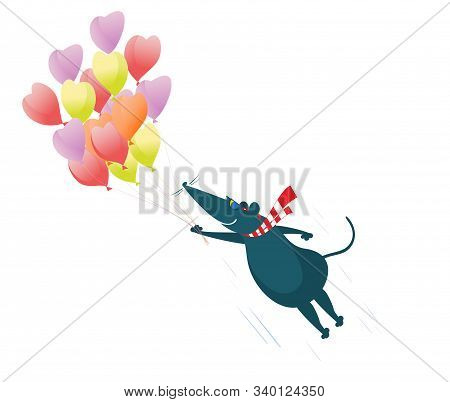 Funny Rat Or Mouse Holds A Lot Of Balloons Illustration. Cartoon Rat Or Mouse Flies On Air Balloons 