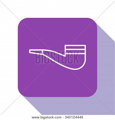 White Line Smoking Pipe With Smoke Icon Isolated On White Background. Tobacco Pipe. Purple Square Bu