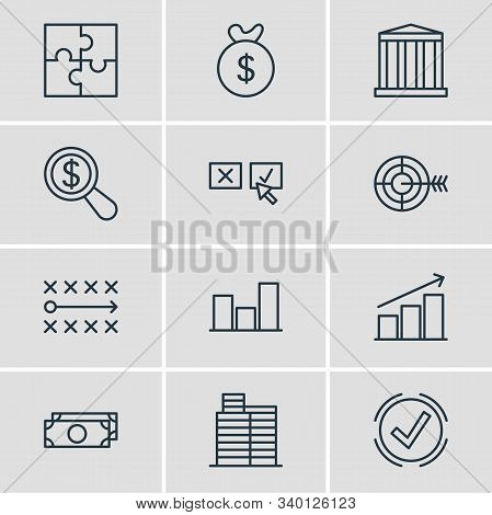 Illustration Of 12 Business Icons Line Style. Editable Set Of Bank, Research, Deside Task And Other 