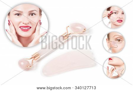 Concept Of Skin Rejuvenation. Face Lift Anti-aging Treatment With Jade Roller. Woman With Perfect Sk