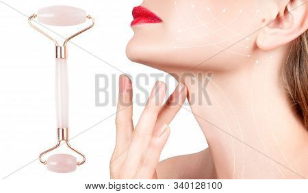 Anti-aging Treatment And Face Lift Massage With Jade Roller. Beautiful Woman Face And Neck After Mas