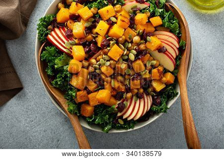Winter Or Fall Salad With Kale, Chickpeas And Butternut Squash