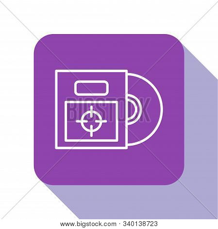 White Line Cd Or Dvd Disk In Box Icon Isolated On White Background. Compact Disc Sign. Purple Square