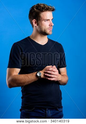 Watch Repair. Keep Punctual. Man Well Groomed Handsome Hipster Wrist Watch. Expensive Luxury Accesso