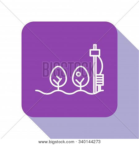 White Line Standalone Sensor And Plant Icon Isolated On White Background. Purple Square Button. Vect