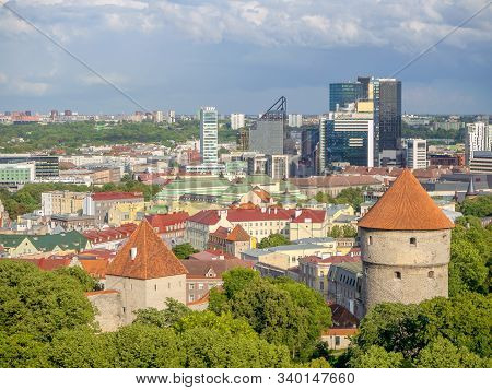 Tallinn, Estonia- August 20, 2019: Top View For Viru Street And Sokos Hotel And Old Thomas Tower. Su