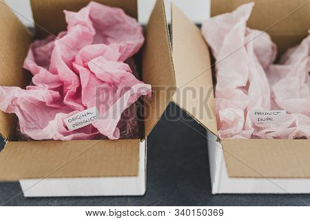 Original Product Vs Dupe Imitation Label Inside Delivery Parcel Boxes From Online Purchaseswith Simi