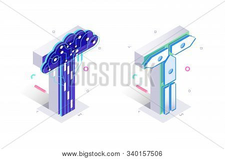 Blue 3d Isometric Letter T Made With Cellular Virtual Style Illustration. Pair Of Multicolored Alpha