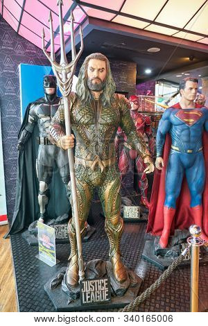 SINGAPORE - CIRCA APRIL, 2019: life-size super heroes statues on display at DC Comics Super Heroes Cafe at the Shoppes at Marina Bay Sands in Singapore.