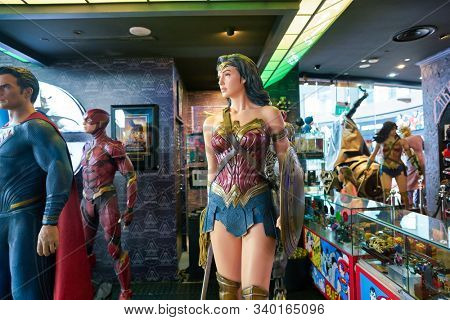 SINGAPORE - CIRCA APRIL, 2019: life-size super heroes statues on display at DC Comics Super Heroes Cafe at the Shoppes at Marina Bay Sands in Singapore.
